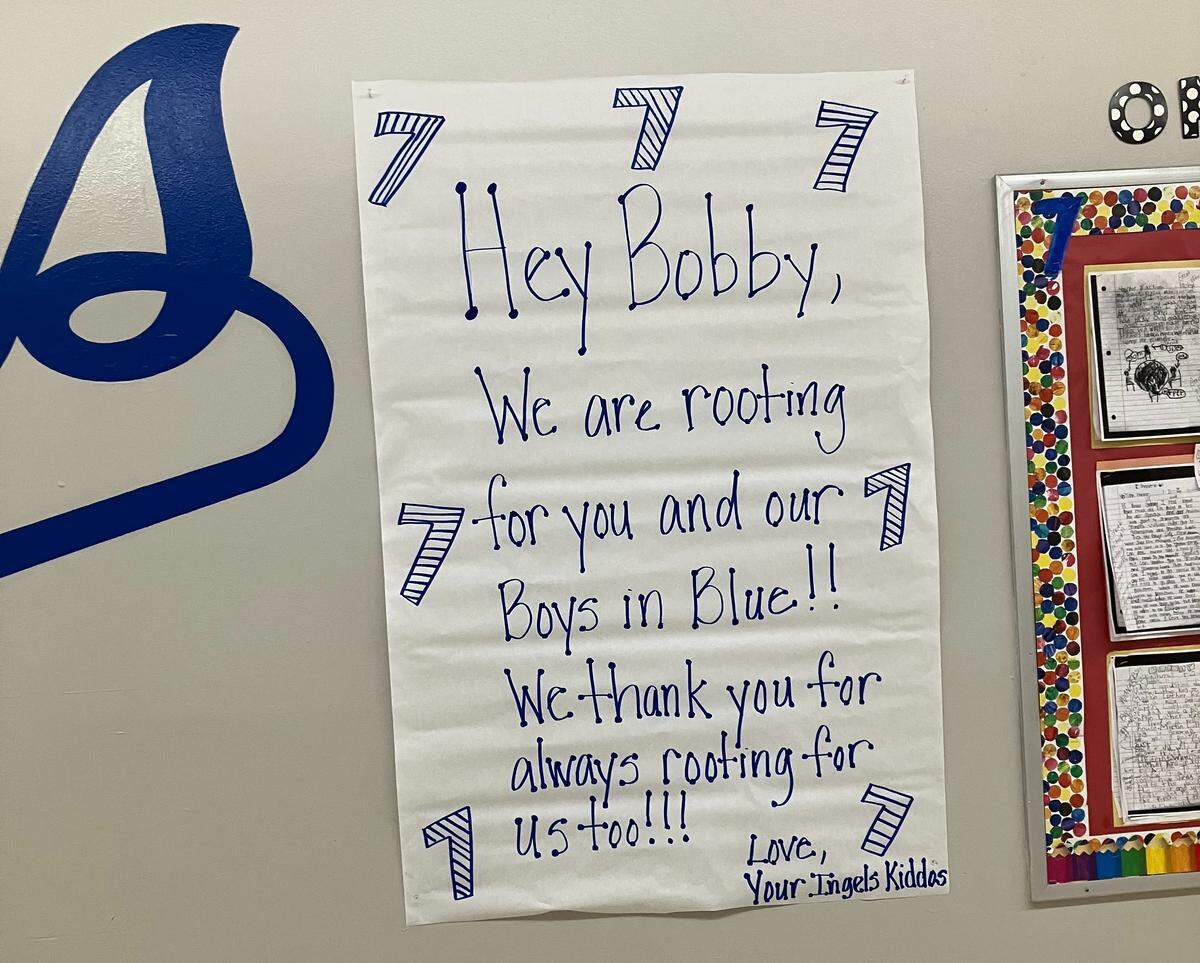 A message to Royals star Bobby Witt Jr. at Ingels Elementary in the Hickman Mills School District in Kansas City, Missouri, on May 5, 2026.