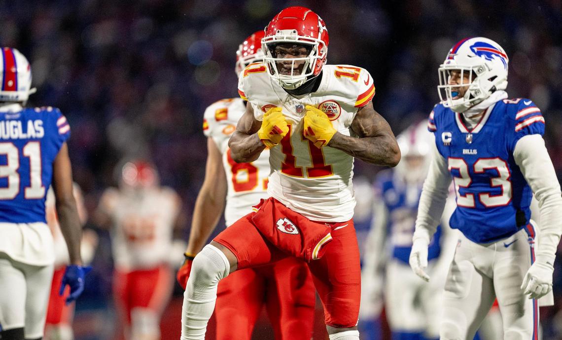 Kansas City Chiefs wide receiver Marquez Valdes-Scantling (11) celebrates a first-down reception during an AFC Divisional Round playoff game against the Buffalo Bills at Highmark Stadium on Sunday, Jan. 21, 2024, in Orchard Park, New York.