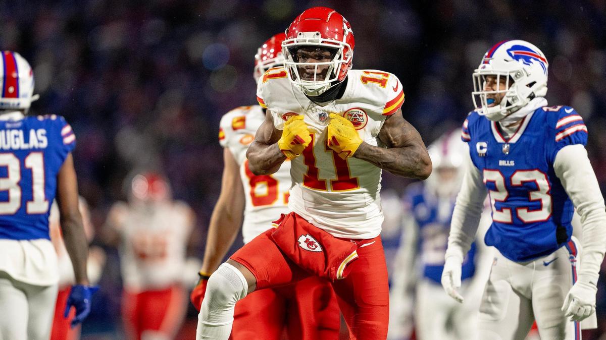 Kansas City Chiefs wide receiver Marquez Valdes-Scantling (11) celebrates a first-down reception during an AFC Divisional Round playoff game against the Buffalo Bills at Highmark Stadium on Sunday, Jan. 21, 2024, in Orchard Park, New York.