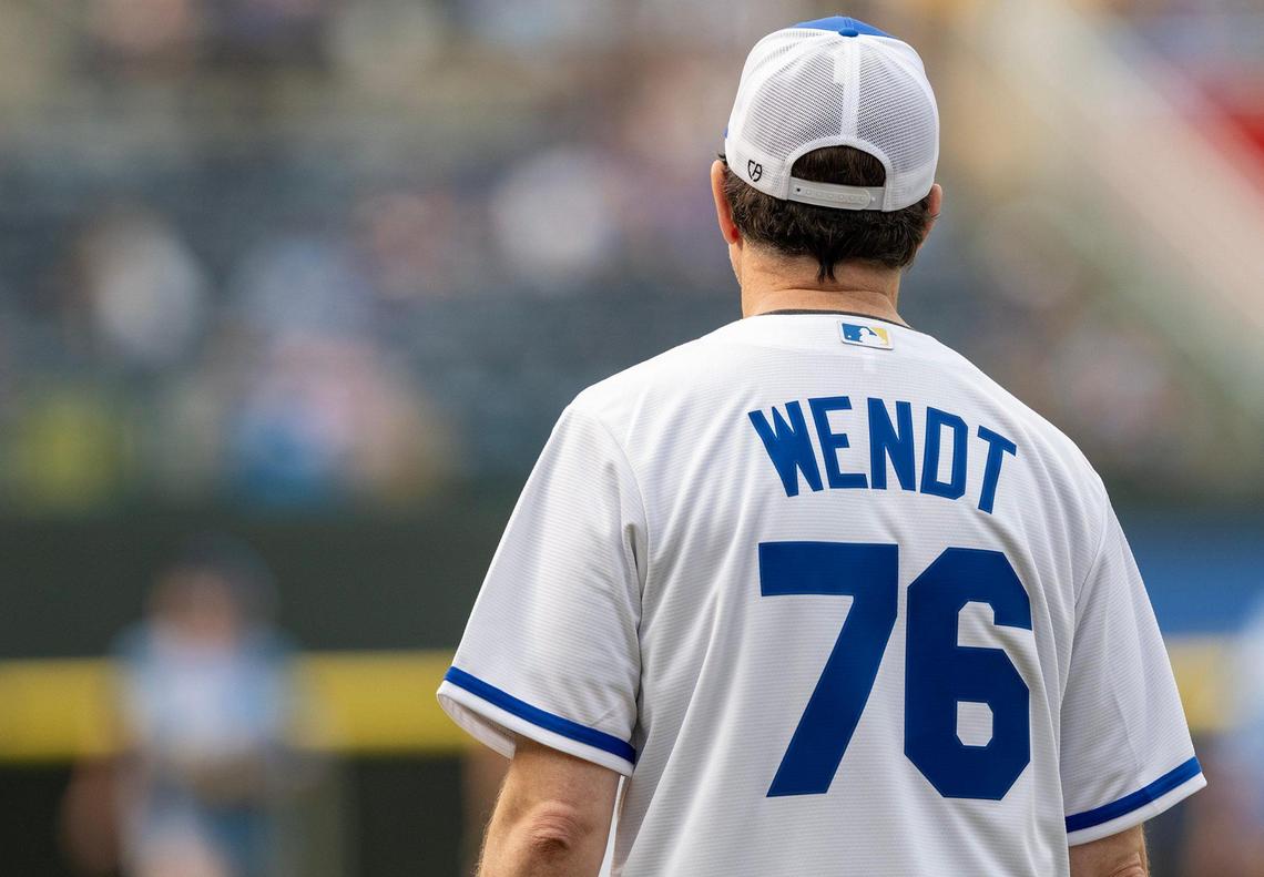 Jason Sudeikis sports a jersey honoring his late uncle, George Wendt, during the Big Slick Celebrity Softball game on Friday, May 30, 2025, at Kauffman Stadium in Kansas City. Wendt passed away May 20, 2025.