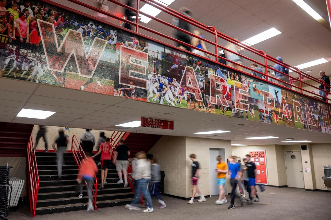 Students walk the halls at Park Hill High School Kansas City. A new Missouri law requires school phone policies barring students from using them during class, passing periods and meal times.
