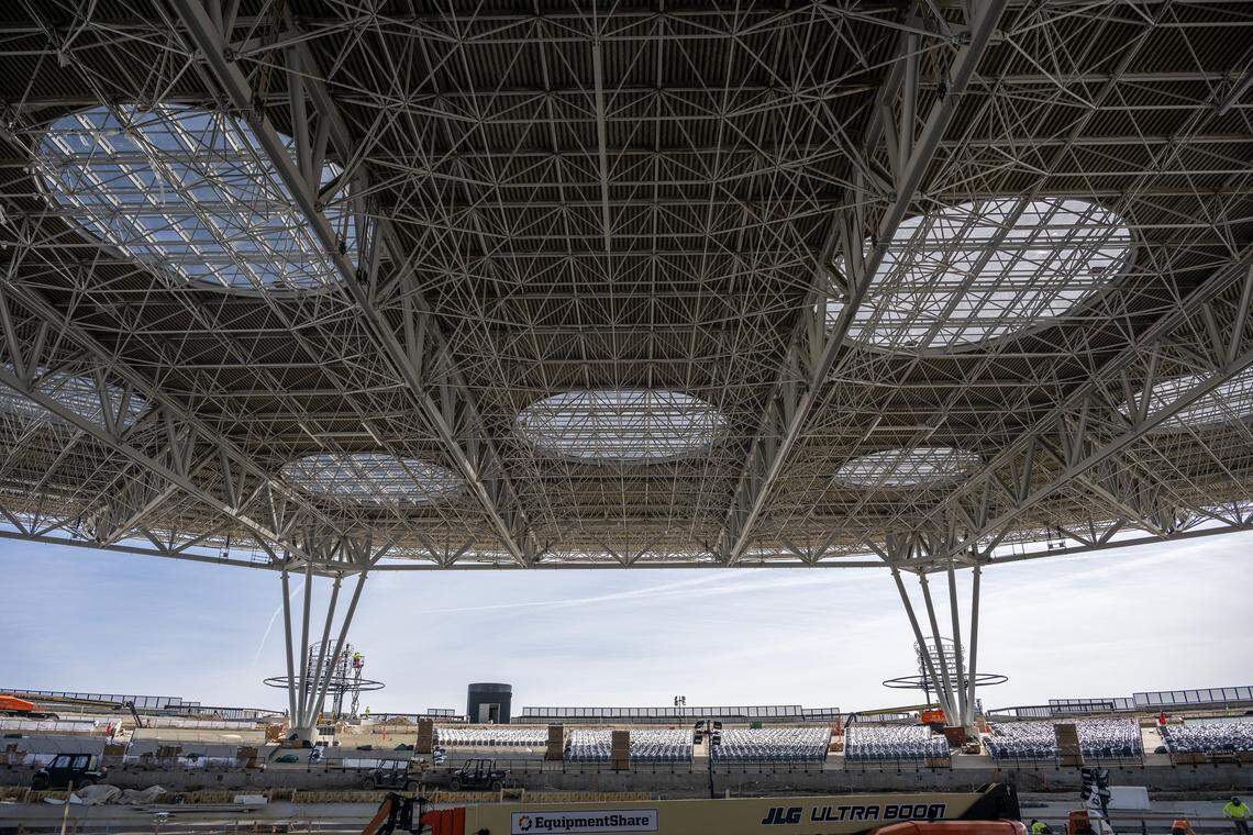 The seating area and canopy roof of the Morton Amphitheater are seen from the stage during construction on Friday, March 13, 2026, in Riverside.