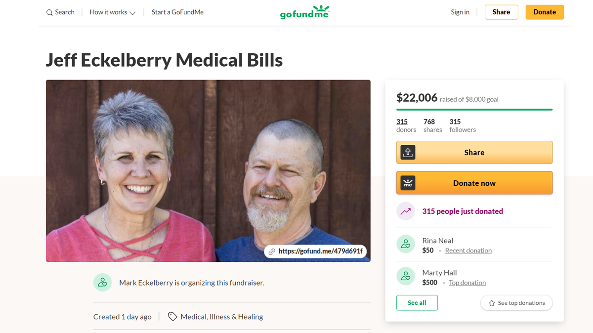A GoFundMe has generated thousands of dollars in donations for a Kansas teacher who was severely injured after a trailer collapsed on his head while he was changing its tire on the side of the road. Family say the victim of the accident, Jeff Eckelberry, needs serious surgical treatments.