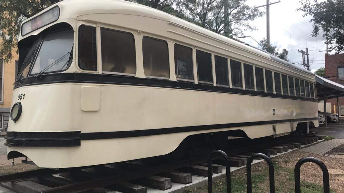 A vintage Kansas City streetcar, circa 1947, is parked near an entrance to the River Market. It will soon be home to a Made in KC shop.