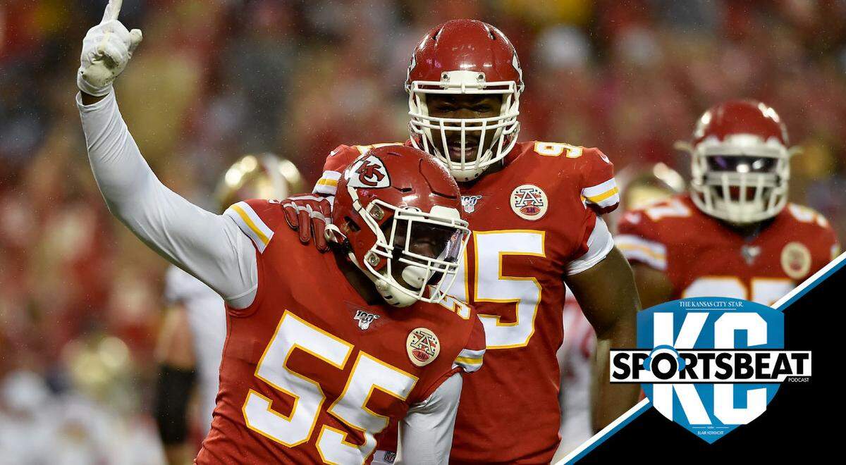Kansas City Chiefs defensive end Frank Clark (55) celebrates in the second quarter of the Chiefs preseason game against the San Francisco 49ers at Arrowhead Stadium Saturday, Aug. 24, 2019.