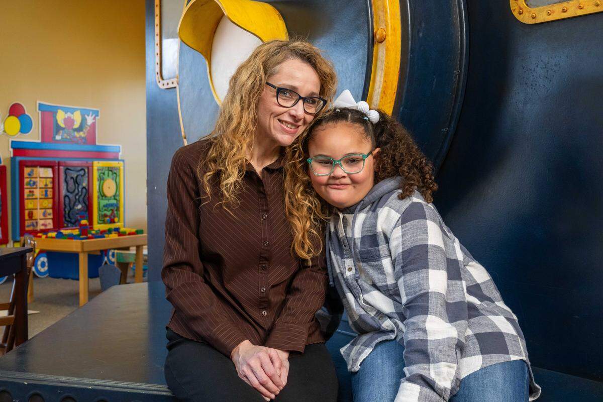 Cori Harris and her daughter, Oakley, on Wednesday, March 11, 2026, in Bonner Springs. Oakley, a student in Bonner Springs-Edwardsville Unified School District, has received special education services since she was a toddler.