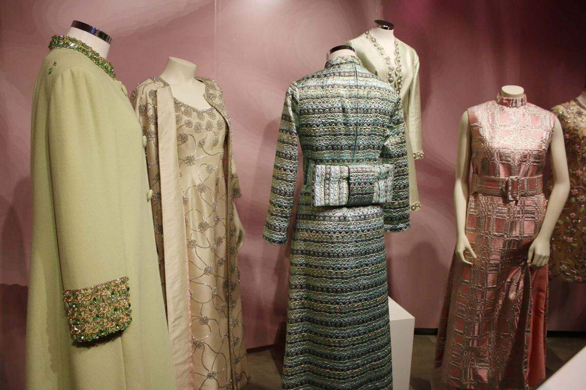 Silk, rhinestones and brocade feature on many of the outfits in the socialite section of the Johnson County Museum’s new 1960s fashion exhibit.