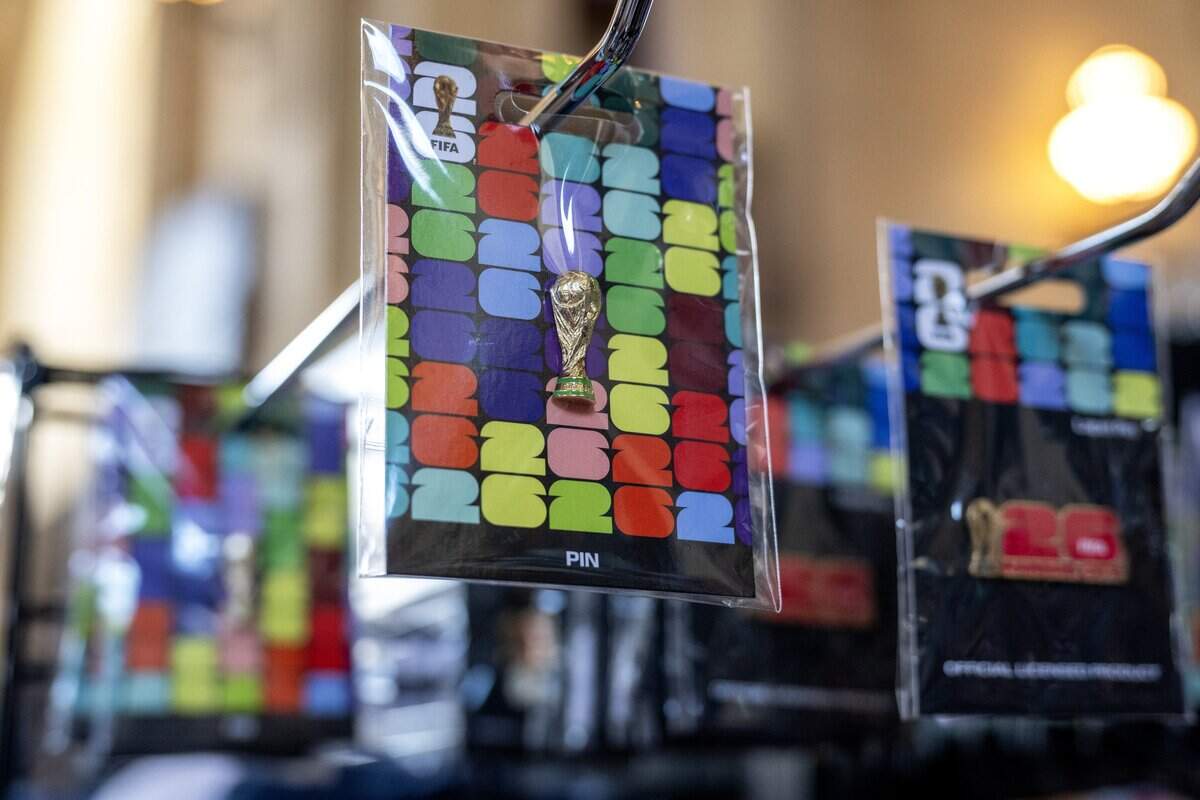A FIFA World Cup pin is displayed for sale at Rally House inside Union Station on Tuesday, June 9, 2026, in Kansas City.