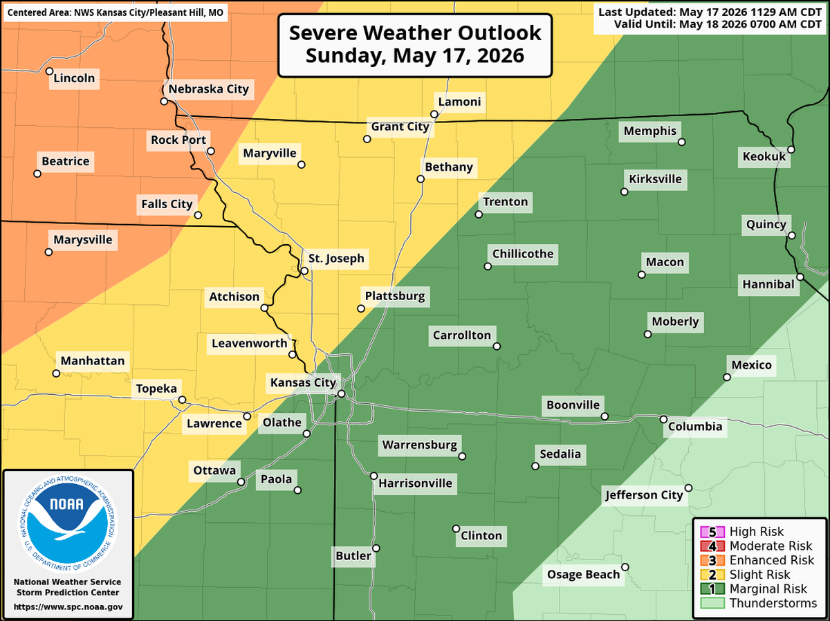 Strong to severe storms are possible Sunday evening and overnight in the Kansas City area. The Storm Prediction Center, part of the National Weather Service, has placed parts of far northeast Kansas and northwest Missouri at an enhanced risk (Level 3 of 5) of severe weather. Meanwhile, areas just north of Kansas City are at a slight risk (Level 2 of 5), while the metro area is at a marginal risk (Level 1 of 5).