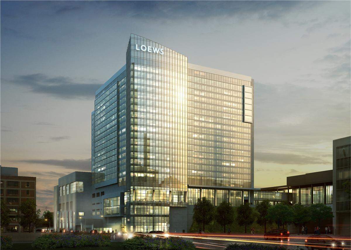 A rendering of the future Loews Kansas City Hotel. The building is under construction.