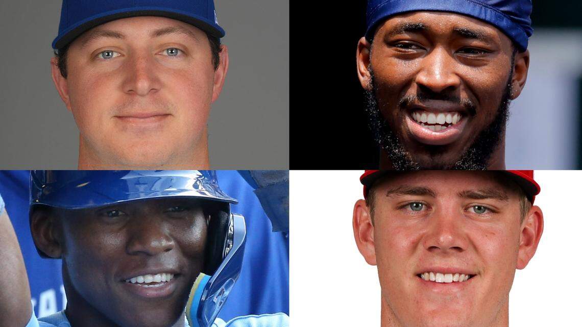 Recent Kansas City Royals call-ups include, clockwise from top left, pitcher Austin Cox, outfielder Samad Taylor, pitcher James McArthur and outfielder Dairon Blanco.