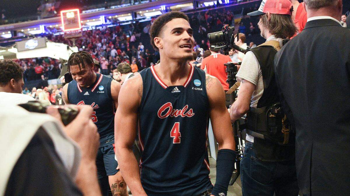 Florida Atlantic guard Bryan Greenlee (4) reacts after an NCAA Tournament Sweet 16 win over Tennessee at Madison Square Garden, Thursday, March 23, 2023.
