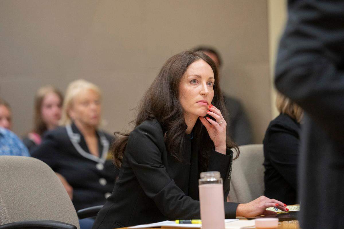Taylor Concannon Hausmann, attorney for CoreCivic, listened to arguments from Joe Hatley, attorney for the City of Leavenworth during MondayÕs hearing at the Leavenworth Justice Center.