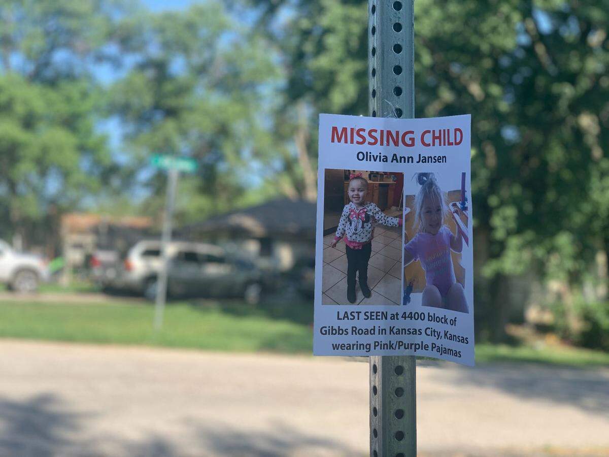 A flyer posted at 45th Terrace and Oak Grove for Olivia Ann Jansen, reported missing Friday morning.