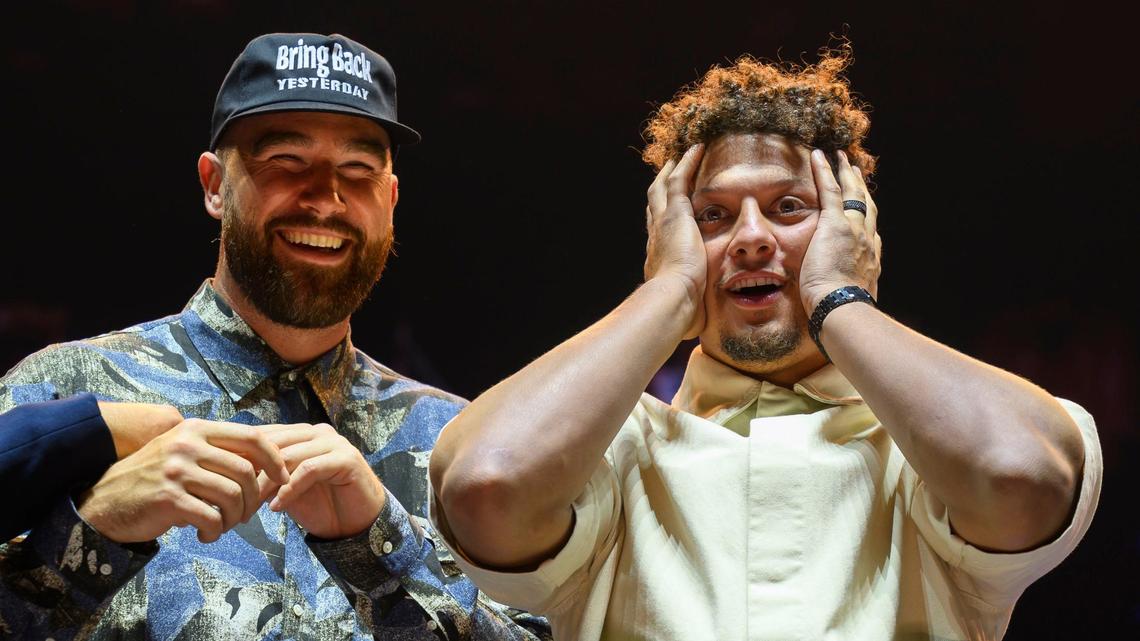 Kansas City Chiefs tight end Travis Kelce, left, and quarterback Patrick Mahomes were shocked that the winning bid of an NFL package reached $250,000 during the Big Slick Party & Show on Saturday at T-Mobile Center.
