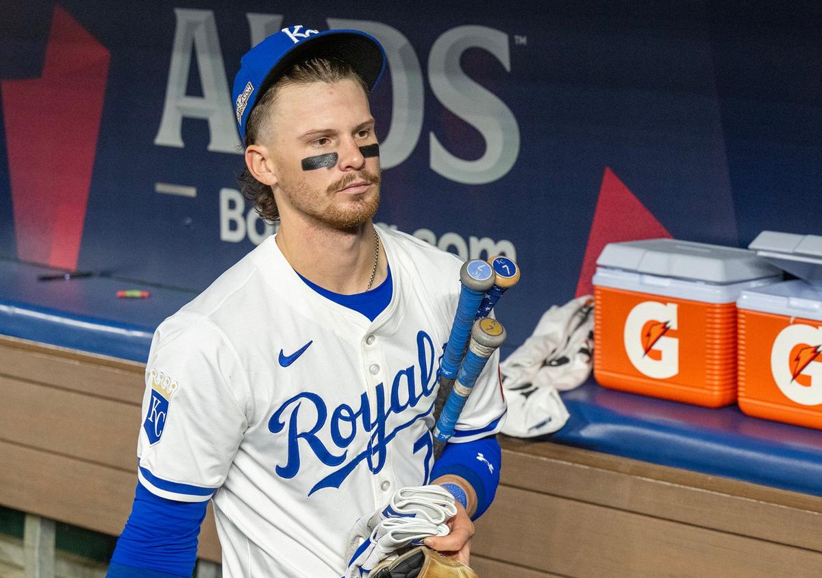 Kansas City Royals shortstop Bobby Witt Jr. (7) leaves the dugout after the Yankees defeated the Royals 3-1 in Game 4 of the American League Division Series on Thursday, Oct. 10, 2024, at Kauffman Stadium.