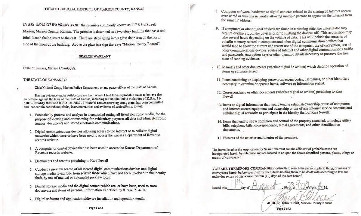 Marion County District Court Magistrate Judge Laura Viar signed a search warrant authorizing the police raid of the newspaper office.