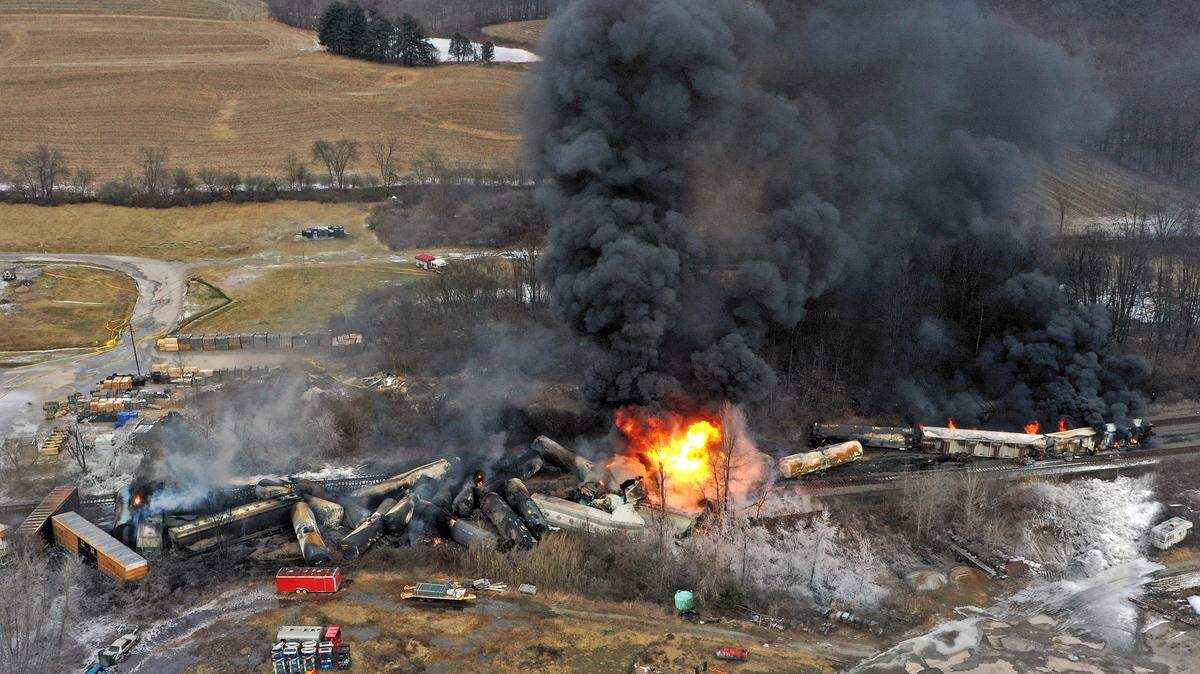 This photo taken with a drone shows portions of a freight train that derailed in East Palestine, Ohio, on fire at mid-day Saturday, Feb. 4, 2023. Chemical pollution from the incident has been detected in the Ohio River.