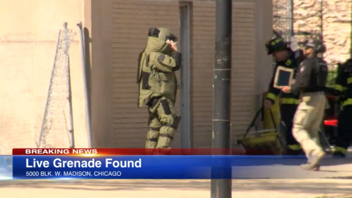 Officials say a blue lunch bag on Chicago’s West Side was discovered to have a live grenade inside.