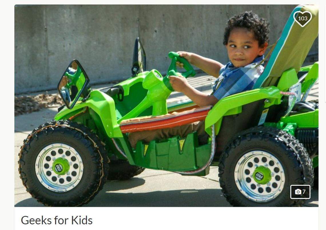 Four-year-old Jerry cannot walk because of a spinal injury caused by a car that drove over him when he was 2. But he has used a hot rod made by Geeks for Kids to play with other children.
