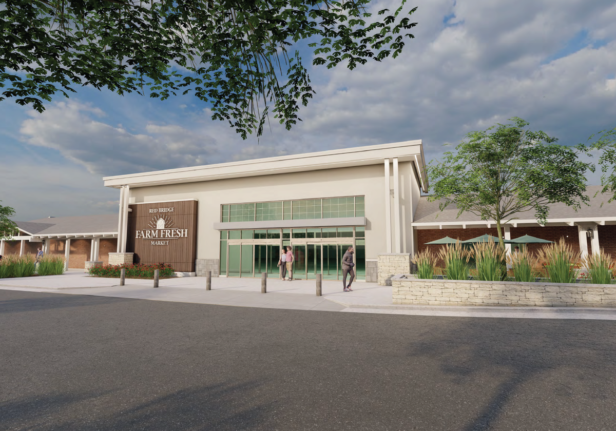A storefront rendering of Red Bridge Farm Fresh Market, soon to open at 11212 Holmes Road.