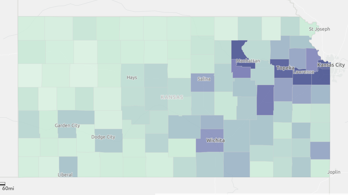 Kansas gradient map of votes on the abortion amendment. Dark blue counties were heavily ‘no’ votes, and light green were heavily ‘yes.’