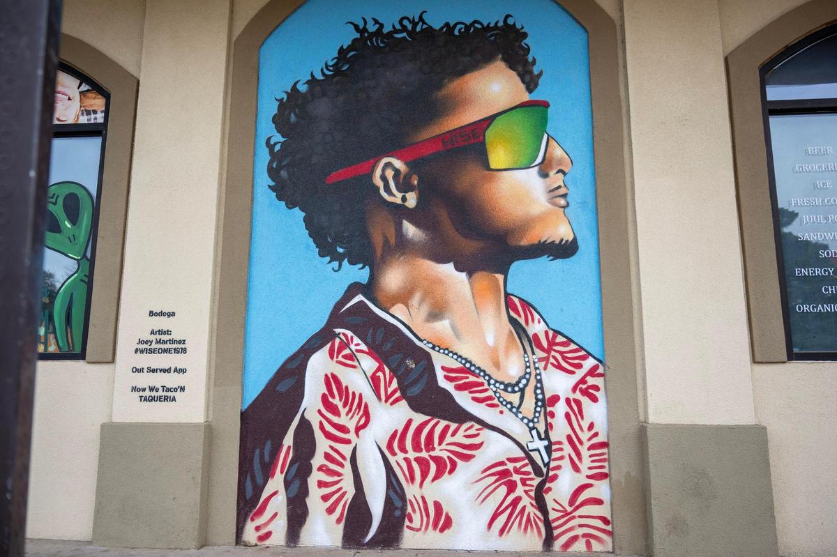 A mural featuring Kansas City Chiefs quarterback Patrick Mahomes created by local muralist Joey Martinez is seen on Tuesday, Feb. 6, 2024, in Lubbock, Texas.