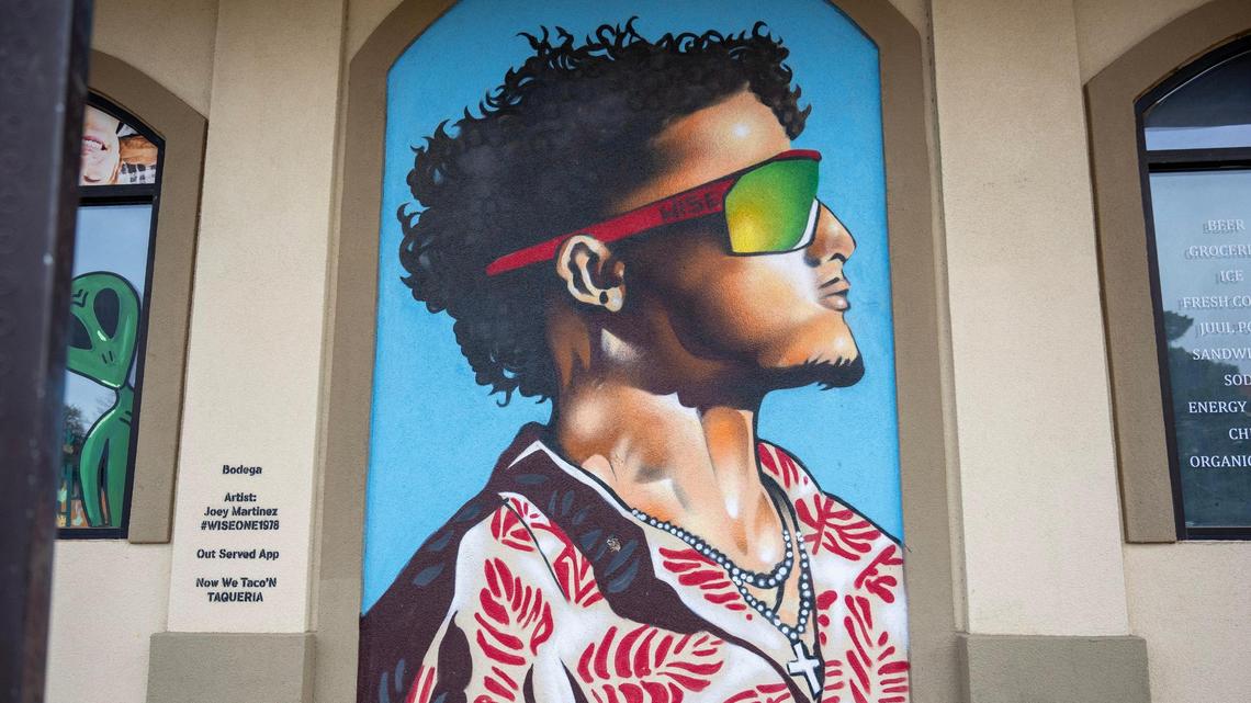 A mural featuring Kansas City Chiefs quarterback Patrick Mahomes created by local muralist Joey Martinez is seen on Tuesday, Feb. 6, 2024, in Lubbock, Texas.