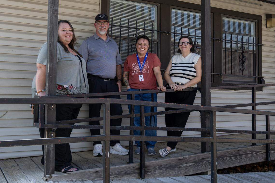 Cara Ramsey, director of programs and services, left, Patrick McLaughlin, CEO of Save Inc., Anali Otazo, program manager, and Mary Brewster, assistant director of programs and services, stand for a portrait outside Teresa's Place on Thursday, Sept. 11, 2025, in Kansas City. The shelter, formerly known as Pride Haven, recently underwent renovations and rebranding.