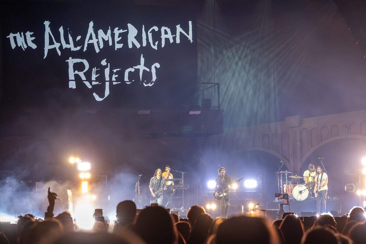 The All-American Rejects perform as an opening act for the Jonas 20: Greetings from Your Hometown Tour at T-Mobile Center on Tuesday, Oct. 7, 2025, in Kansas City.