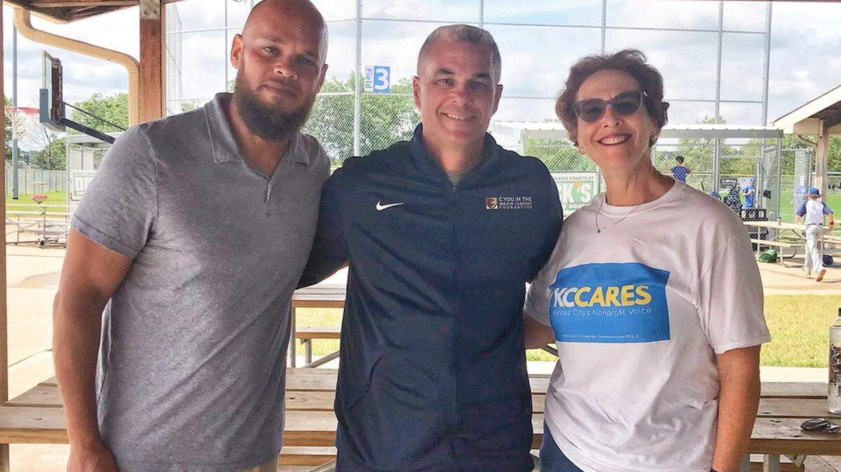 Bobby Keys and Ruth Baum Bigus often have guests from the sports world, like the Royals’ Dayton Moore (center), on KC Cares.