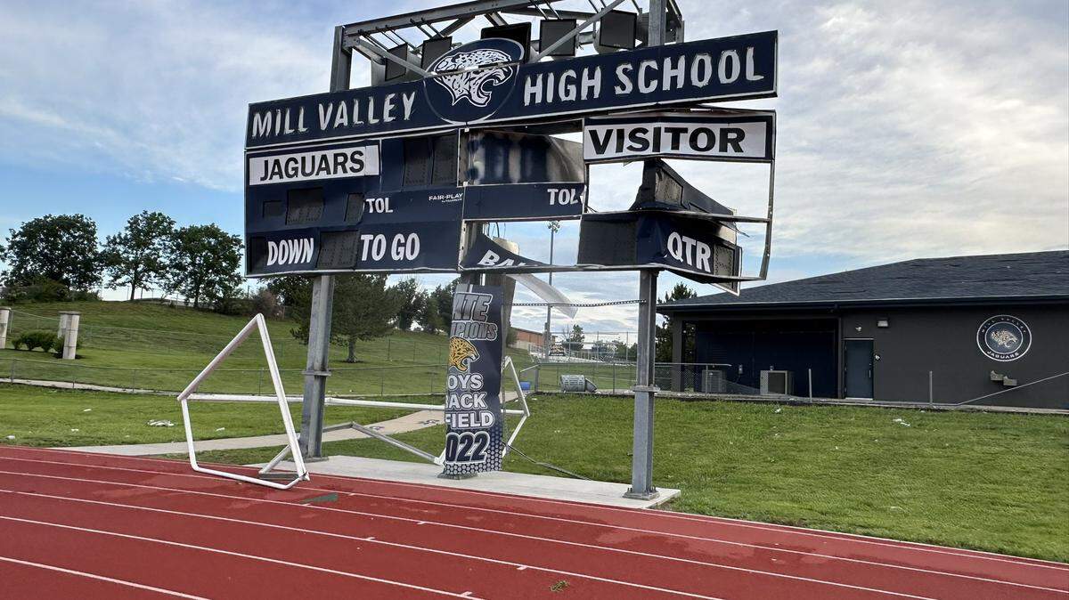 A photo of the Mill Valley High School scoreboard after the storm.