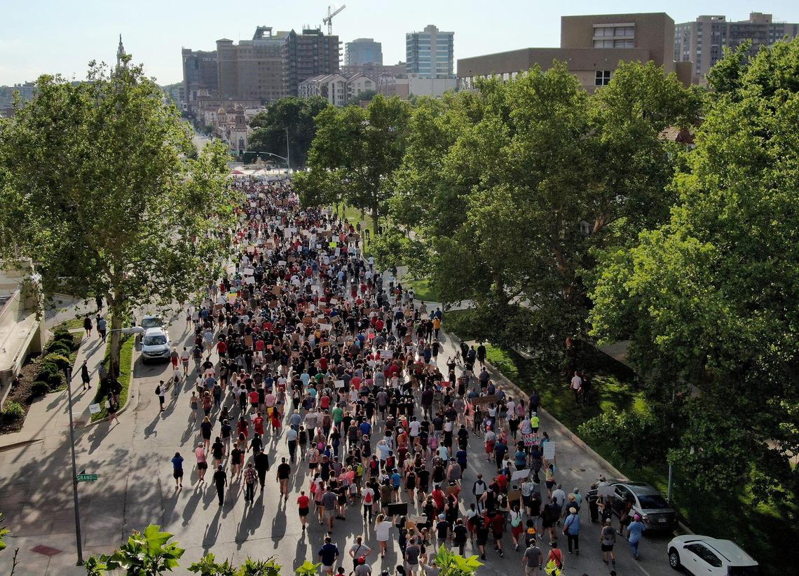 Kansas City police advertised a unity march from Warwick Avenue and Emanuel Cleaver II Boulevard at Southmoreland Park to the Country Club Plaza that included city officials, pastors, churches and community leaders Wednesday, June 3, 2020. Kansas City police chief Rick Smith announced that funding had been found for body cameras. For the sixth night, protesters came out to the Country Club Plaza to protest police brutality and the death of George Floyd.