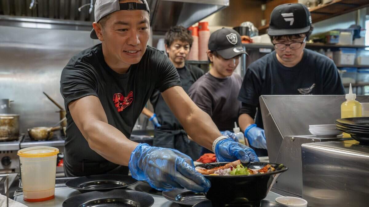 Menja Sugure, owner of Sugure in Japan, sets a bowl of ramen in the pick-up window at KC Craft Ramen on Tuesday, Aug. 19, 2025, in Overland Park. Sugure was part of a special pop-up hosted by Japanese nonprofit founder Madoka Koguchi.