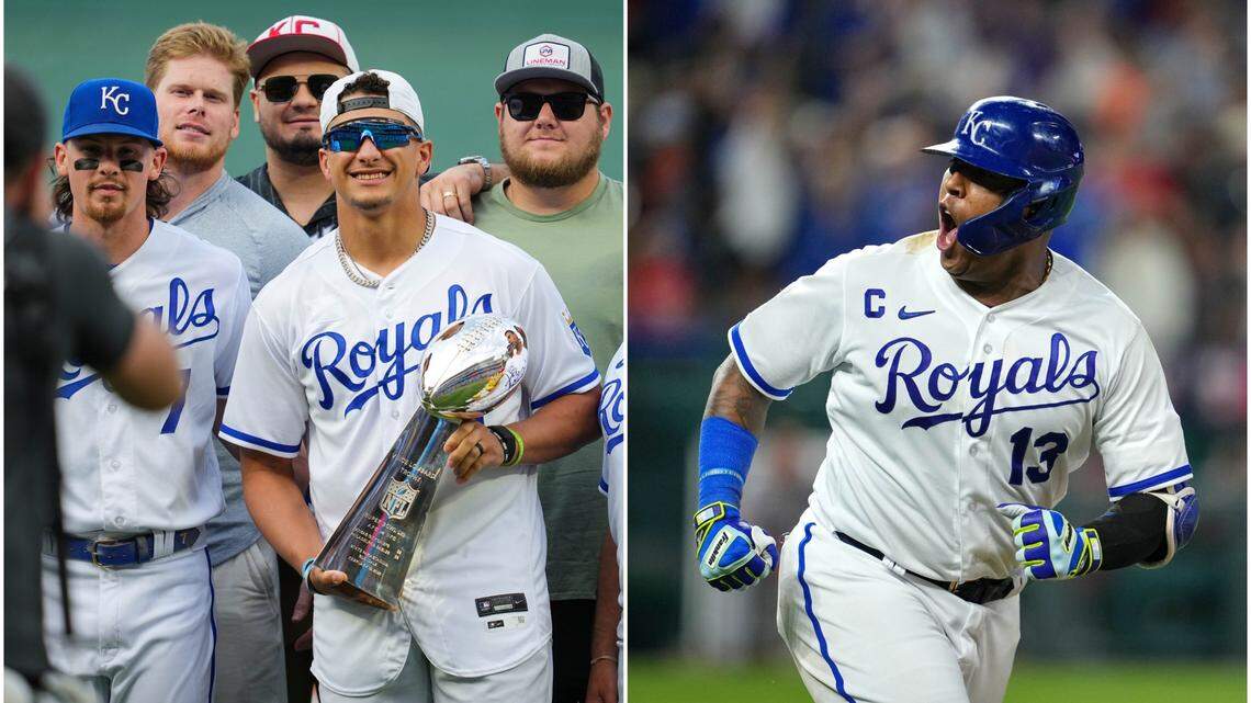 Photo collage: Salvador Perez (right) hit a game-tying home run in the ninth inning of the Royals loss on Chiefs Night at The K on June 12, 2023. Quarterback Patrick Mahomes (left) was involved in the pregame festivities.