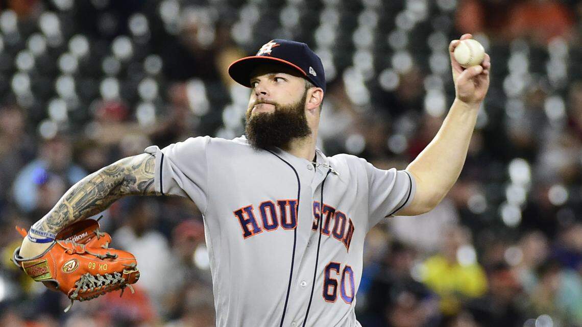 Houston Astros starting pitcher Dallas Keuchel delivered a pitch during a 2018 game against the Baltimore Orioles at Oriole Park at Camden Yards.