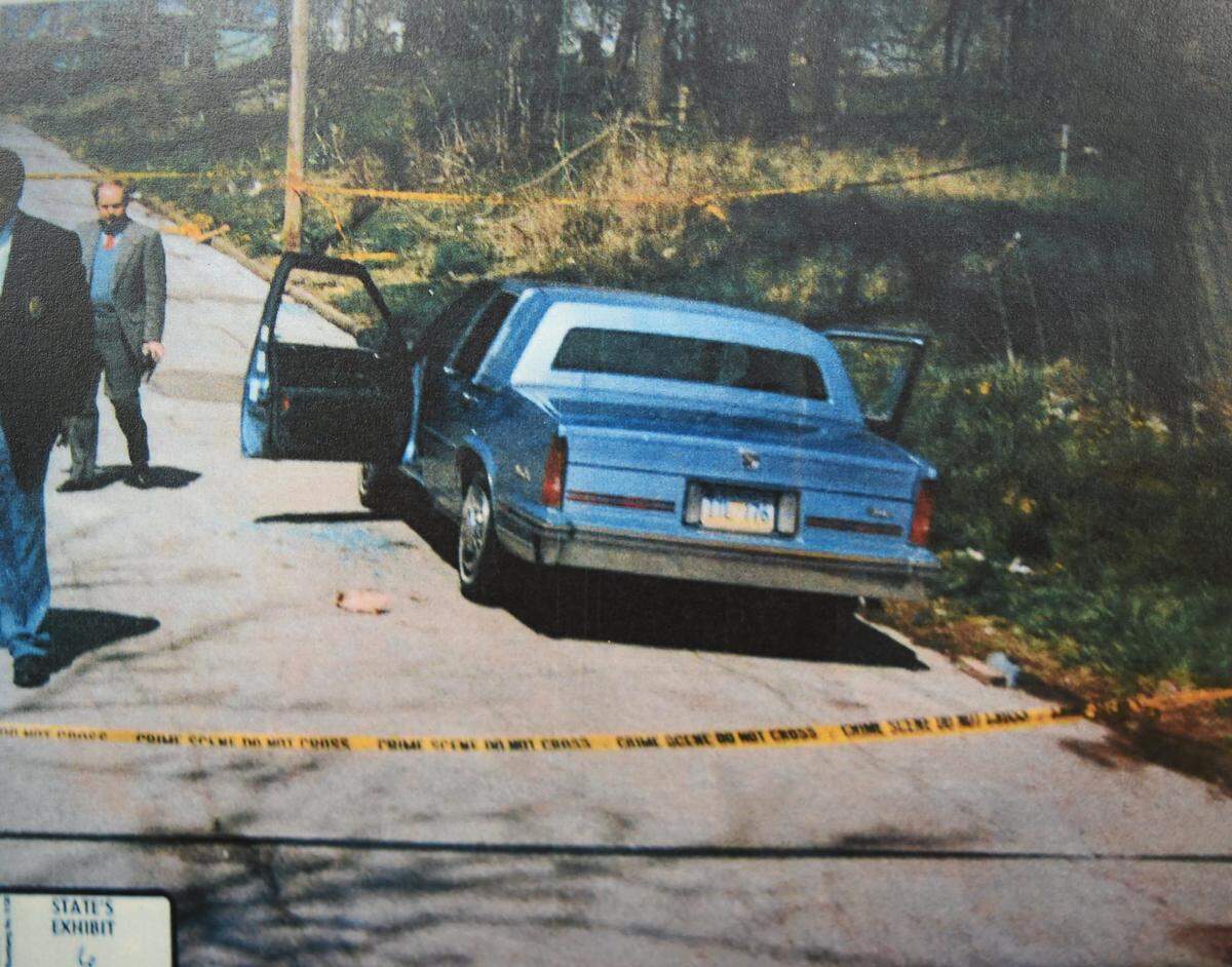 Crime scene photo of the vehicle where two men were shot and killed on Hutchings Street in Kansas City, Kan., on April 15, 1994.