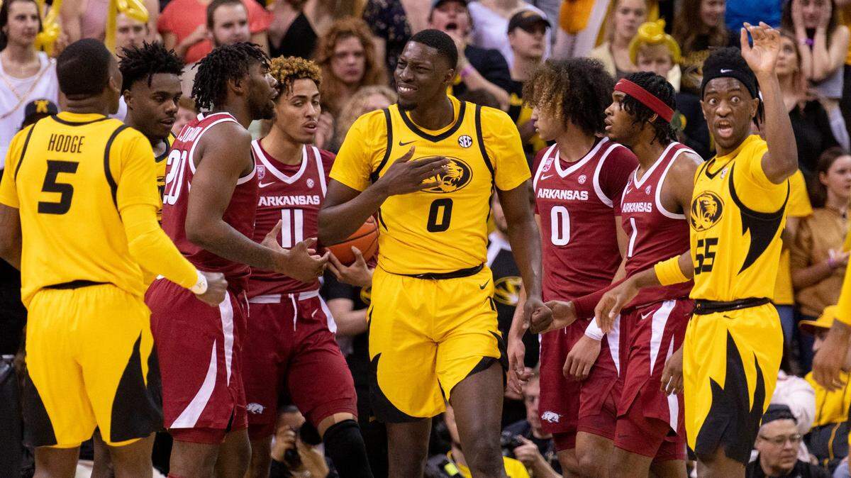 Missouri’s Mohamed Diarra, center, celebrates a basket during the first half of a game against Arkansas on Jan. 18, 2023, in Columbia, Mo.