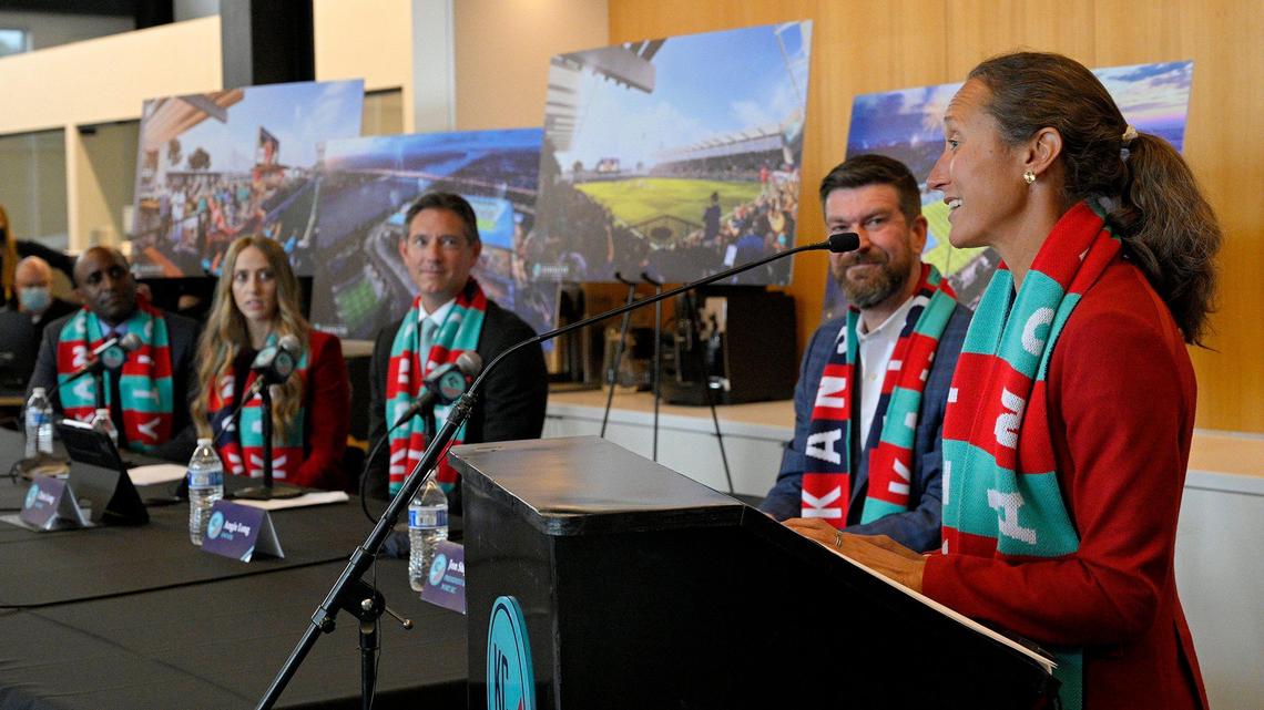 KC Current co-owner Angie Long speaks during a recent news conference in which the organization announced its intent to build a new women’s professional soccer stadium along the Missouri River in downtown Kansas City.