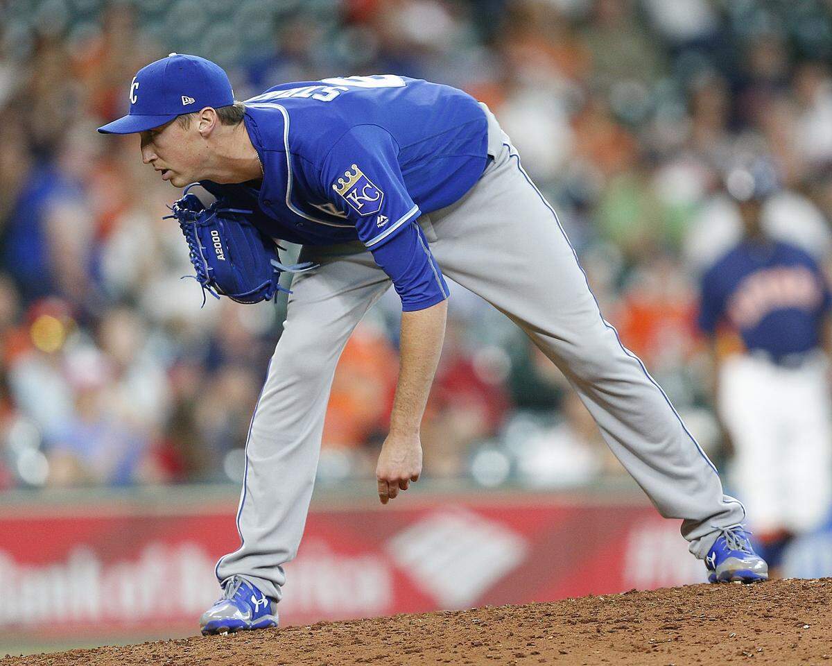 Kansas City Royals pitcher Matt Strahm (#64) pitches in the ninth inning against the Houston Astros at Minute Maid Park on April 9, 2017 in Houston, Texas.