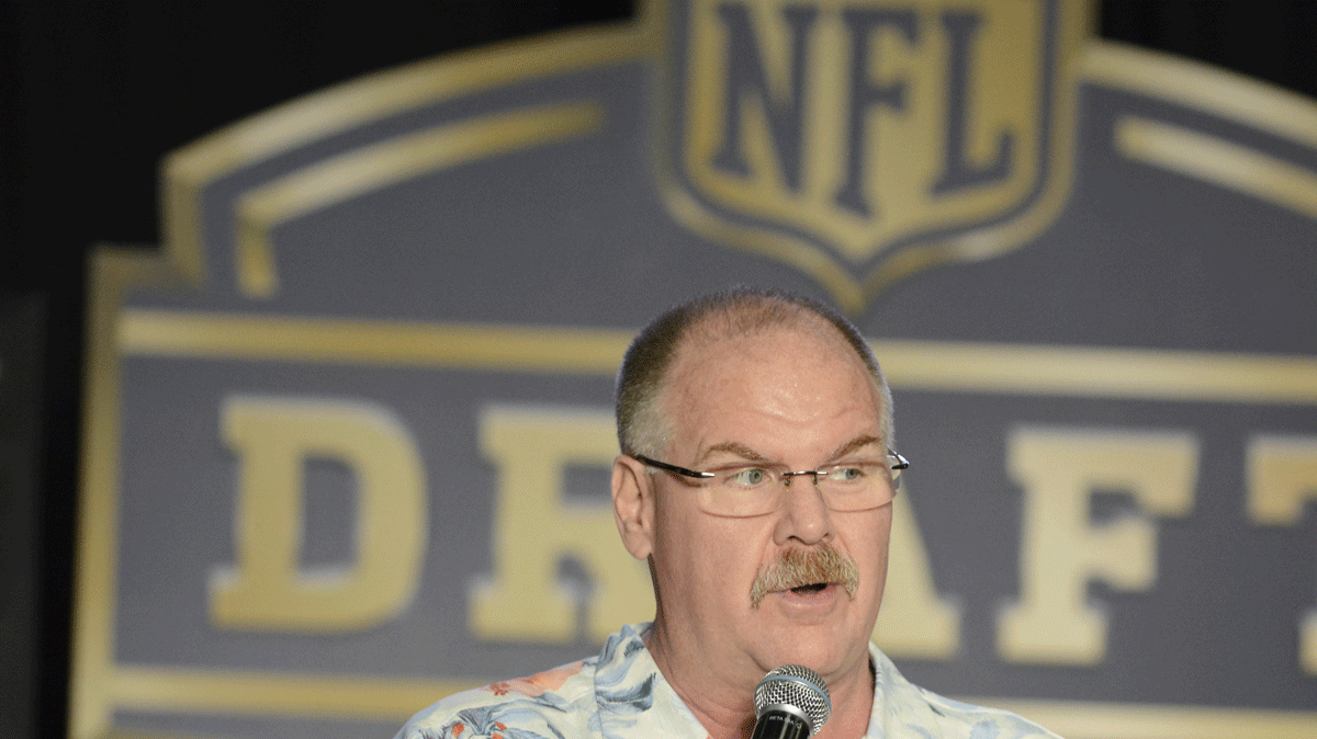 Chiefs head coach Andy Reid talks to the fans from a stage set up in the indoor practice facility for Thursday's draft party. 