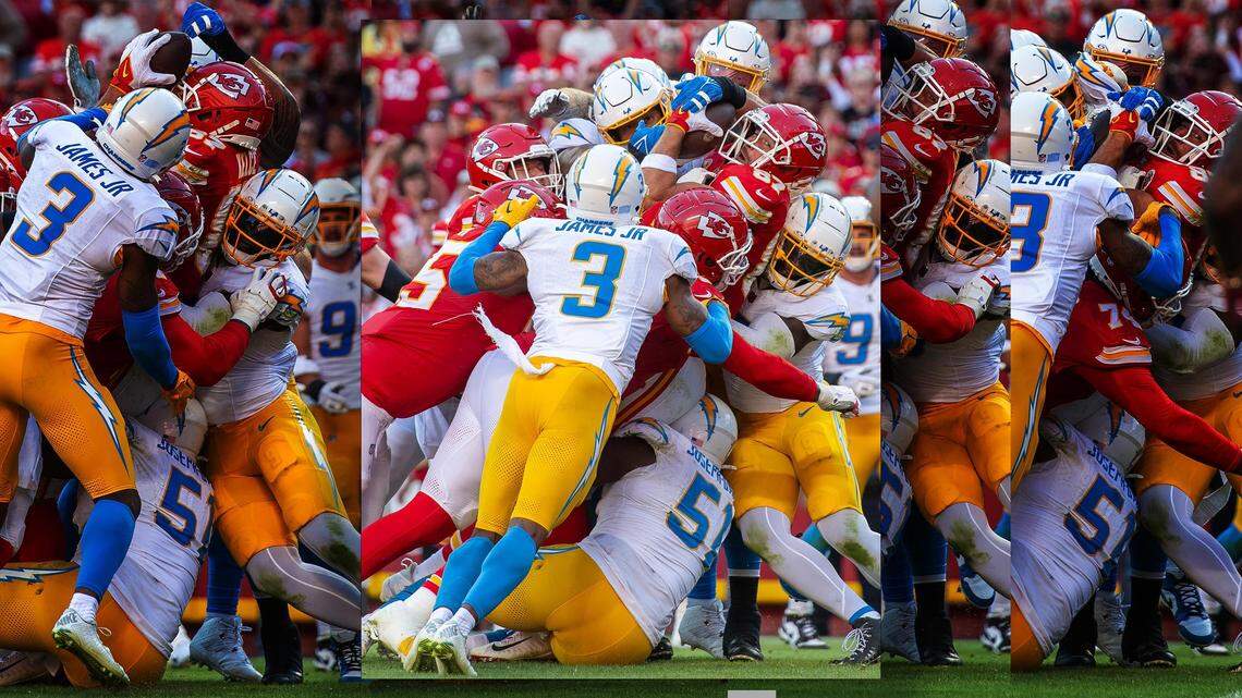 A montage of photos shows Travis Kelce being pushed into the end zone for a touchdown Sunday against the Los Angeles Chargers.