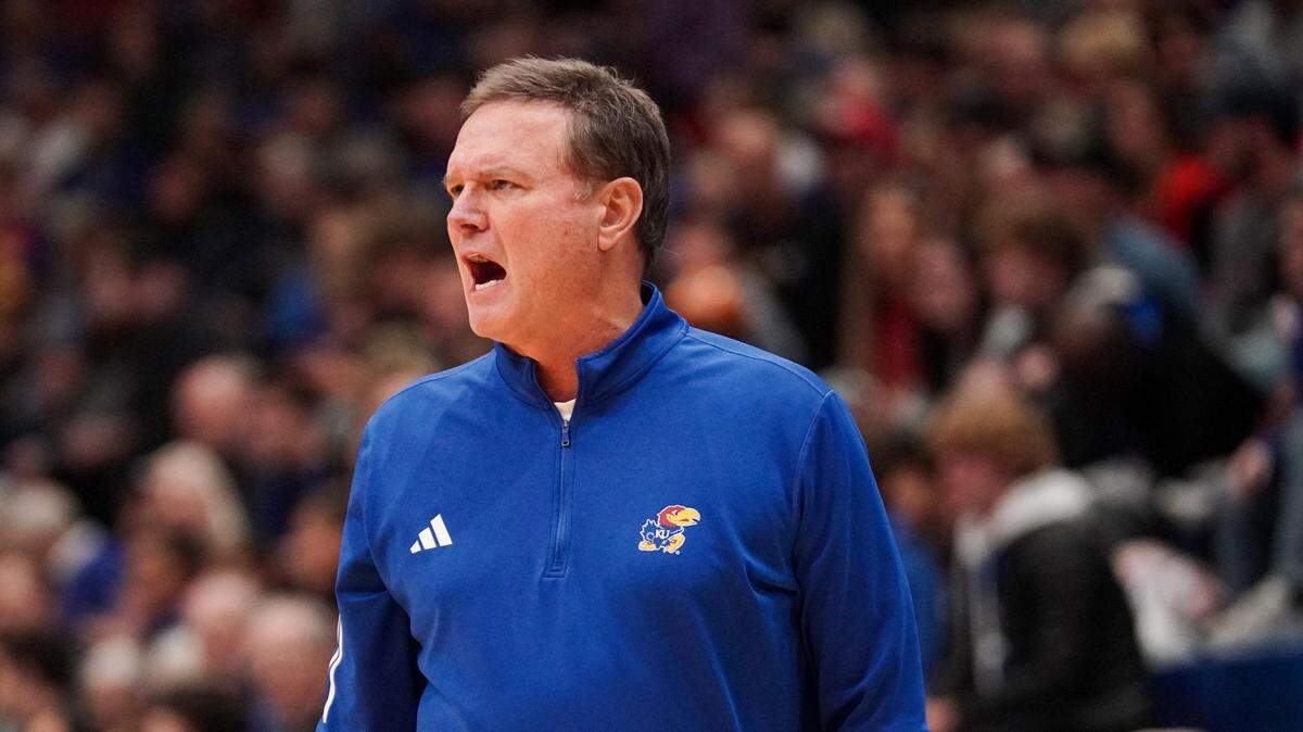 Kansas Jayhawks coach Bill Self signals to players against the Fort Hays State Tigers during the first half at Allen Fieldhouse on Nov. 1, 2023.