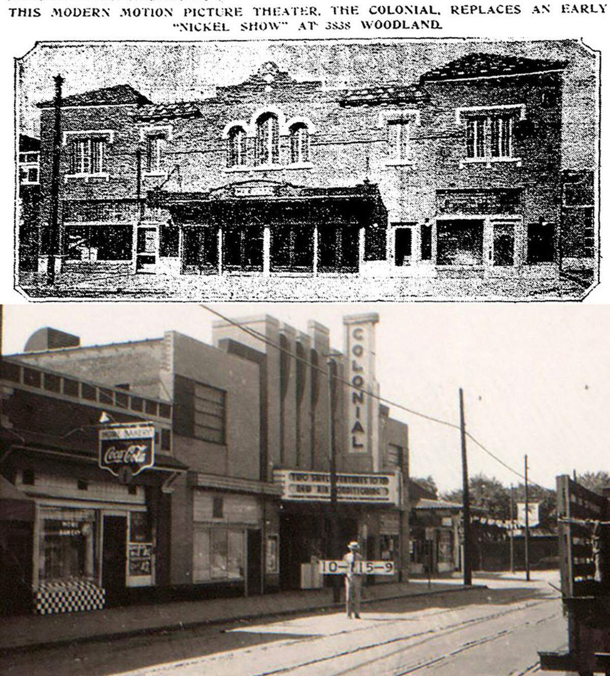 At 3838 Woodland, two different movie theater buildings operated from 1909 to 1952. The first, on top, was a Spanish-style “nickel show,” while the second, on bottom, the Colonial, was a Streamline Moderne theater that replaced it after 1927.