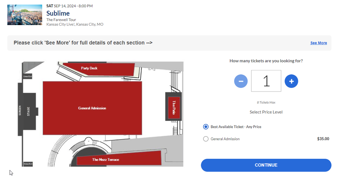 The section chart for Sublime with Rome’s concert at Power & Light’s KC Live! block Saturday.