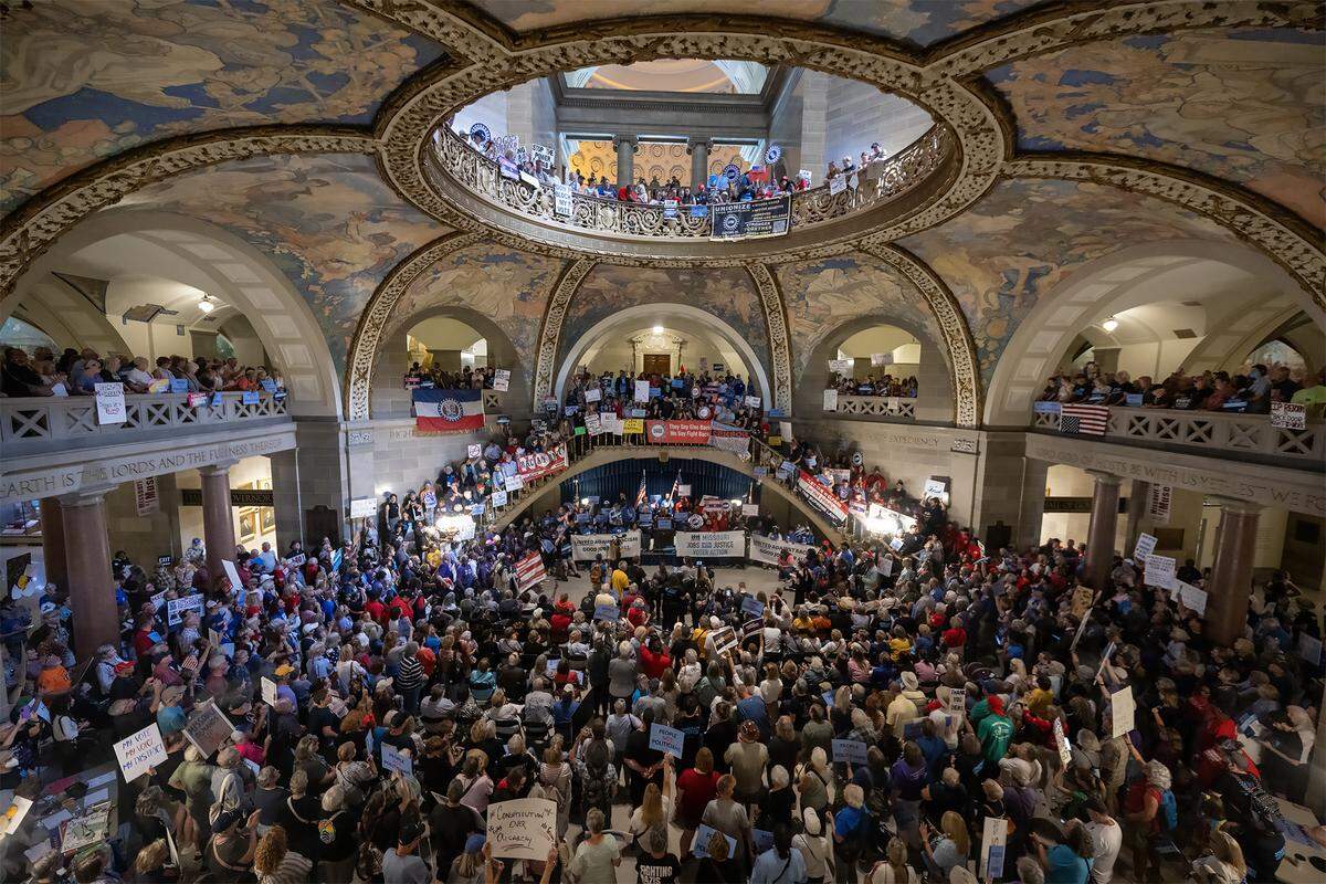 Protesters packed the rotunda of the Missouri statehouse to protest the gerrymandering the state’s congressional map on Wednesday, Sept. 10, 2025, in Jefferson City, Missouri.