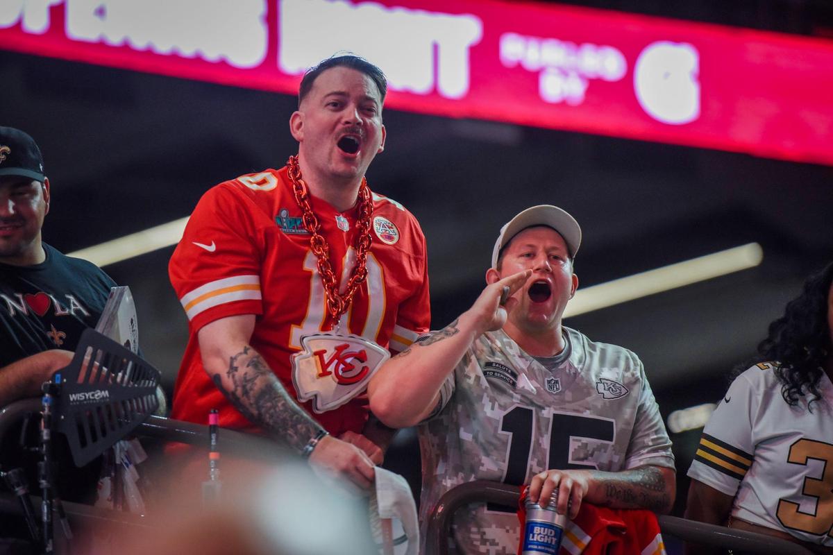 Kansas City Chiefs fans cheer from the stands Monday, Feb. 3, 2025, at the Super Bowl LIX Opening Night event in New Orleans.