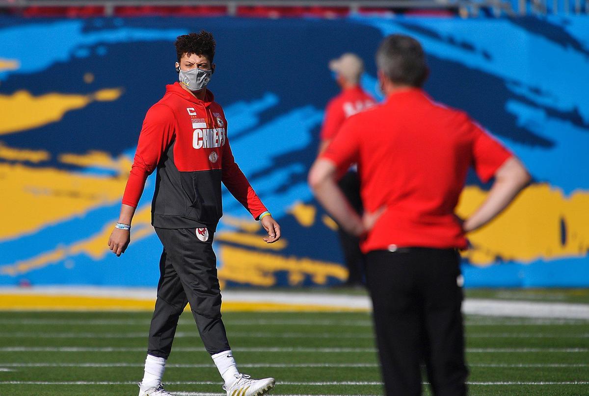 Kansas City Chiefs quarterback Patrick Mahomes walks the field Sunday, February 7, 2021, before Super Bowl LV at Raymond James Stadium in Tampa, Florida.