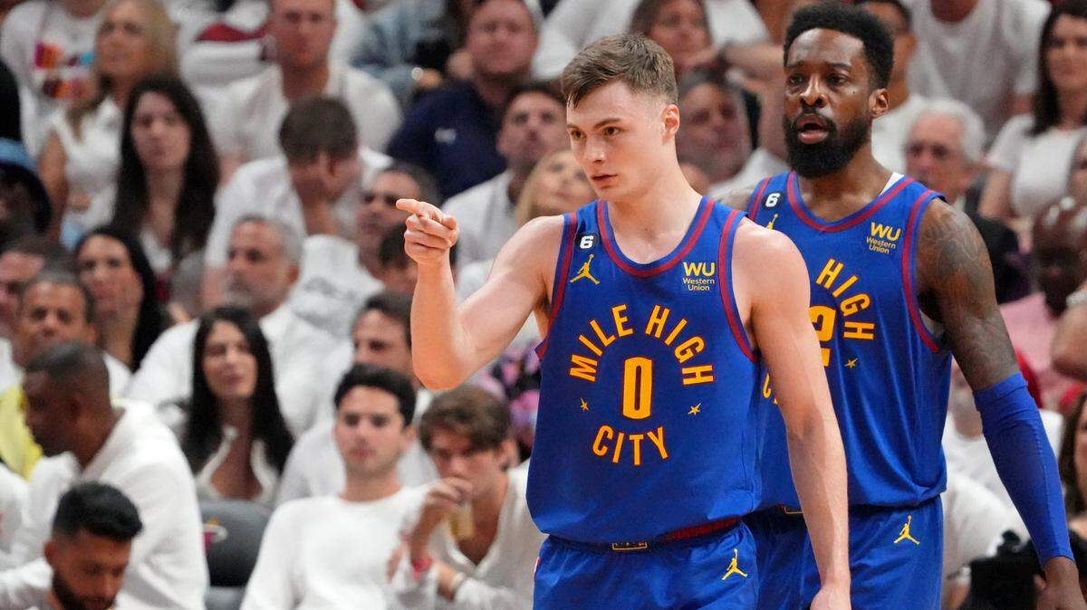 Denver Nuggets guard Christian Braun gestures after a play against the Heat during Wednesday’s Game 3 of the NBA Finals in Miami.
