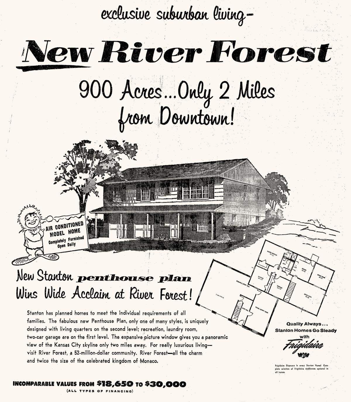 A 1956 advertisement promoting the new River Forest neighborhood and its modern suburban home amenities.
